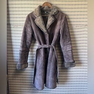 Vintage Express Brown 100% Suede Leather Trench Coat with Faux Fur Lining